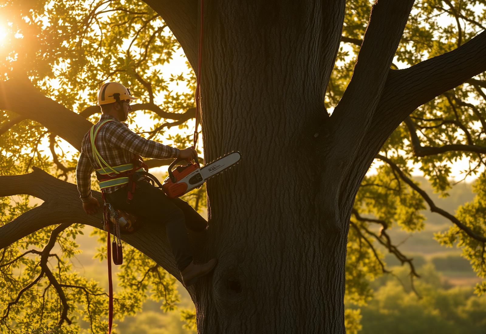 Arborist climbing a large oak tree at golden hour in Central Texas